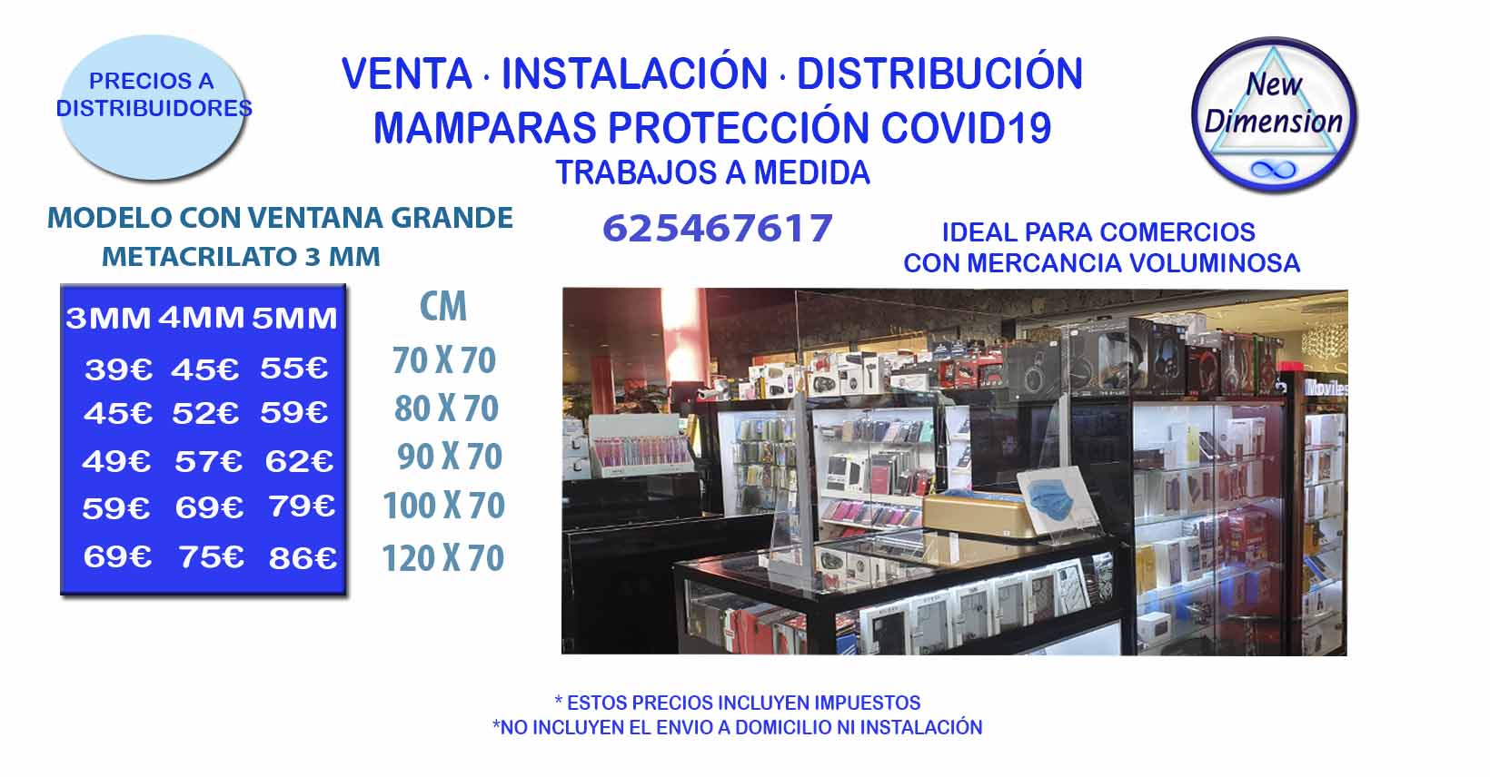 La Empresa New Dimension de Leticia Rodríguez López, ofrece a establecimientos, el mejor precio en mamparas, así como también cortes de metacrilato a medida.